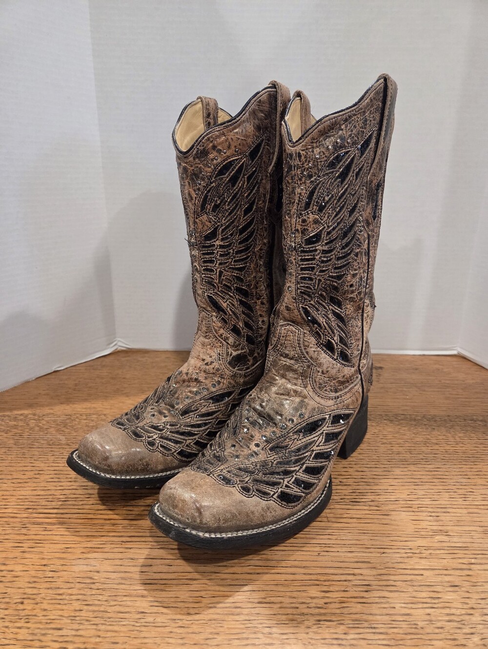 Corral Womens Sz 8 Tan R1226 Black Sequin Inlay Western  Boots Distressed Cowboy